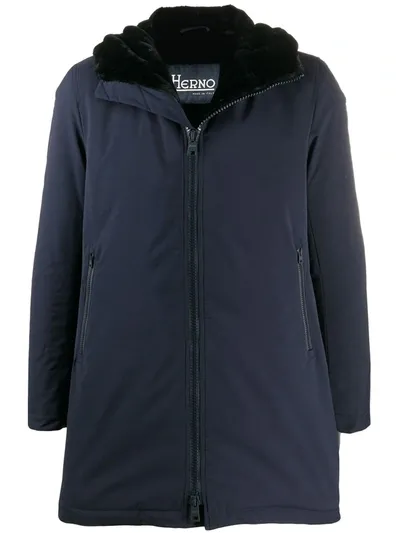 Herno Drawstring Hood Zipped Coat In Blue