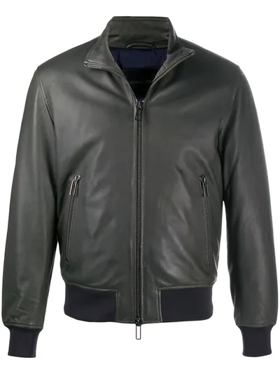 Emporio Armani Leather Bomber Jacket In Green