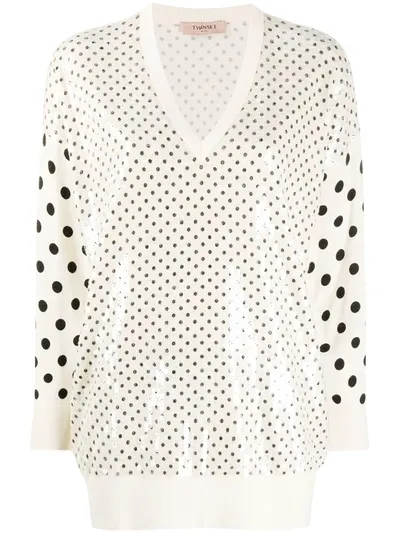 Twinset Polka-dot V-neck Jumper In Neutrals