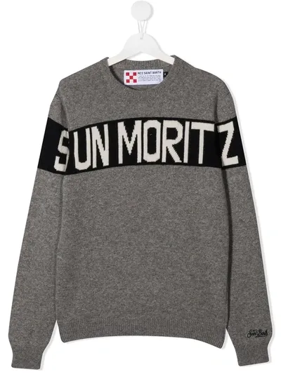 Mc2 Saint Barth Teen Slogan Wool Jumper In Grey