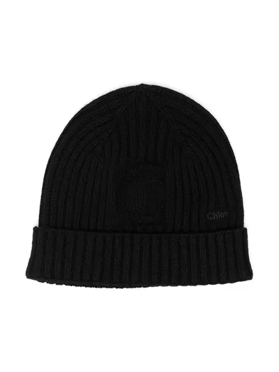 Chloé Kids' Embroidered Logo Ribbed-knit Beanie In Black