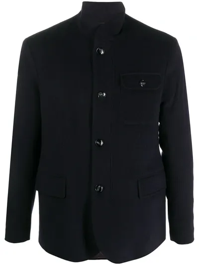 Emporio Armani Standing Collar Buttoned Jacket In Blue