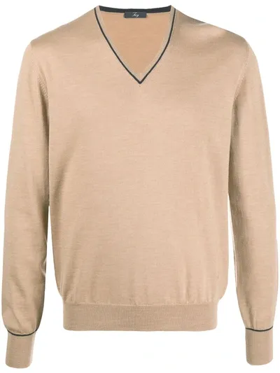 Fay Contrast Piping Virgin Wool Jumper In Neutrals