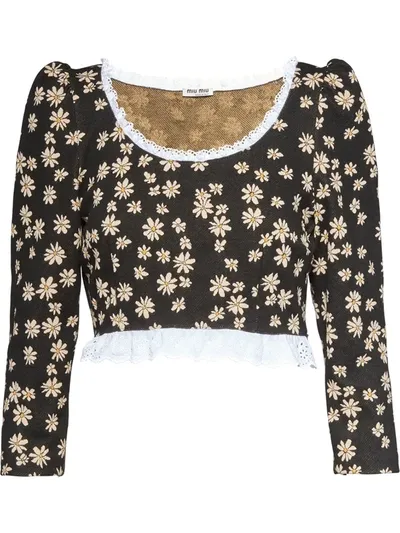 Miu Miu Cropped Lace-trimmed Floral Jacquard-knit Top In Nero