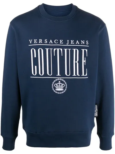 Versace Jeans Couture Embroidered Logo Rib-trimmed Sweatshirt In Blue