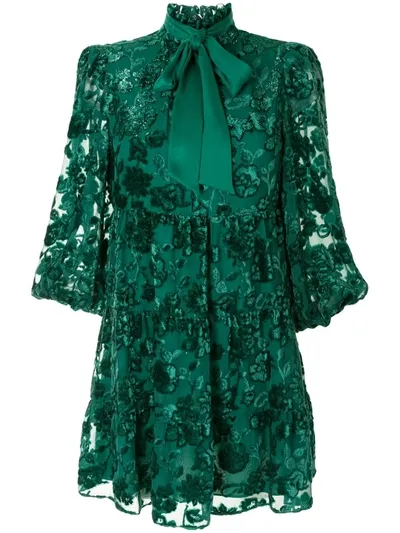 Alice And Olivia Octavia Pussy-bow Devoré-chiffon Mini Dress In Green