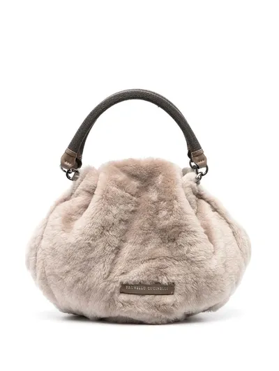 Brunello Cucinelli Dual-handle Shearling Tote Bag In Neutrals