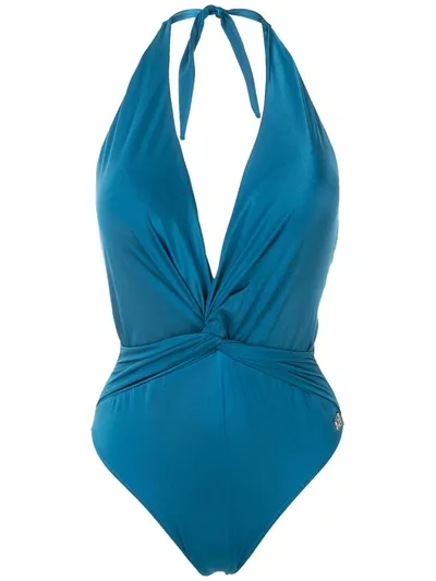 Brigitte Twist-front Halterneck Swimsuit In Blue