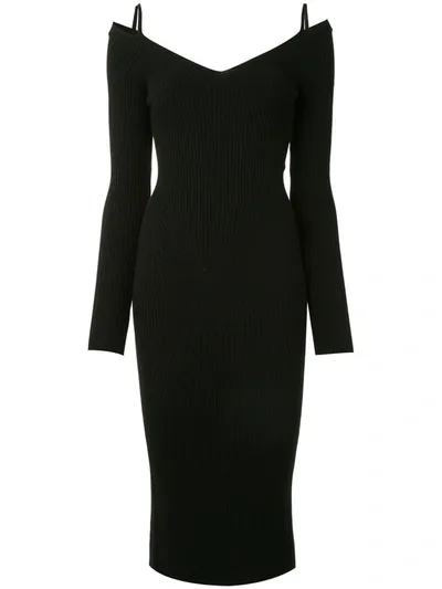 Mrz V-neck Ribbed Midi Dress In Black