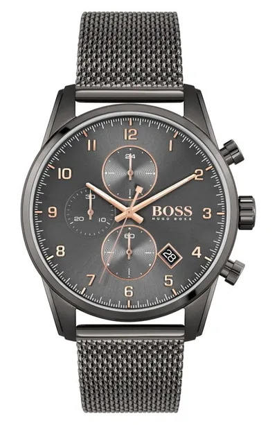 Hugo Boss Men's Skymaster Chronograph Gray Stainless Steel Mesh Bracelet Watch 44mm In Grey