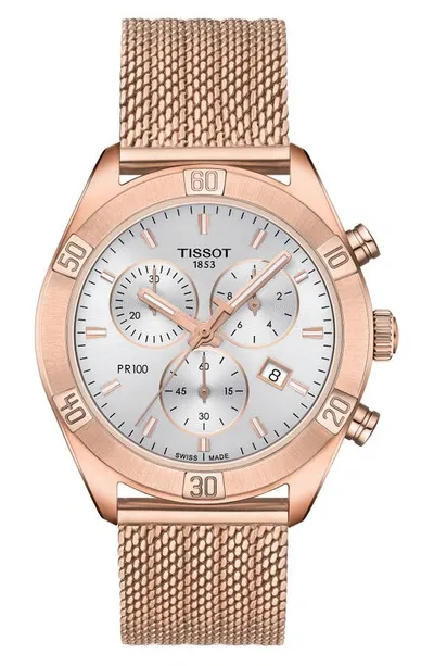 Tissot Women's Swiss Chronograph Pr 100 Sport Chic T-classic Rose Gold-tone Stainless Steel Mesh Bracelet W