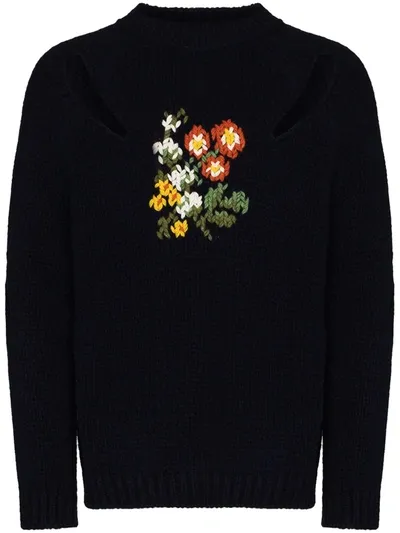 Stefan Cooke Slash Floral-embroidered Jumper In Black