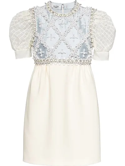 Miu Miu Embellished-panel Mini Dress In White