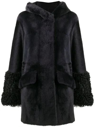 Drome Reversible Shearling Hooded Coat In Blue