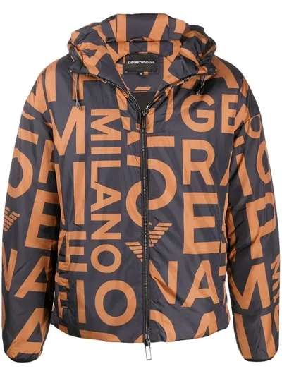 Emporio Armani All-over Logo Hooded Jacket In Brown