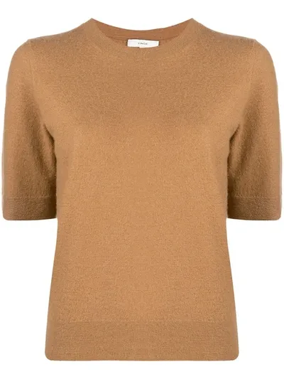 Vince Knitted Cashmere T-shirt In Brown