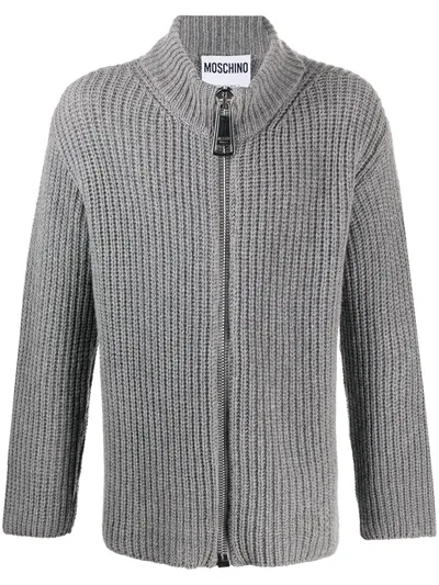 Moschino Funnel Neck Zipped Cardigan In Grey