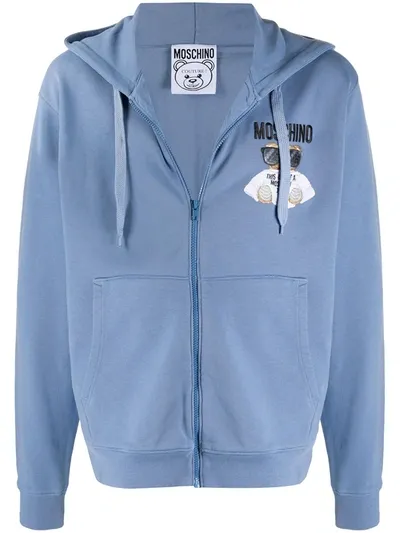 Moschino Bear-embroidered Hoodie In Blue