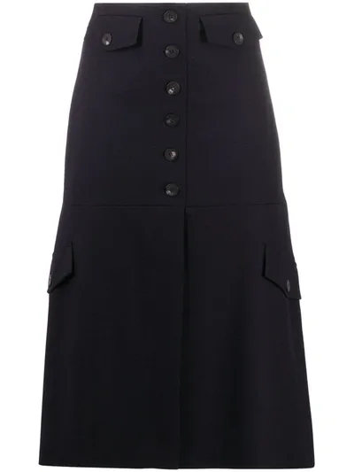 Victoria Beckham Flare Hem Button Front Midi Skirt In Blue,blue