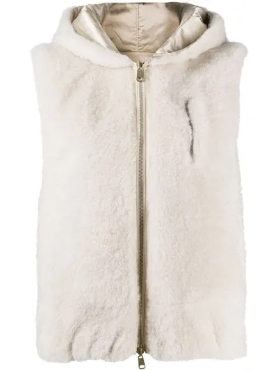 Brunello Cucinelli Hooded Goat Fur Gilet In Neutrals