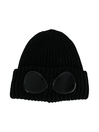 C.p. Company Kids' Ribbed Goggle Beanie In Black