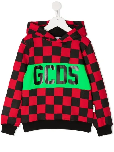 Gcds Kids' Logo Check Hoodie In Red