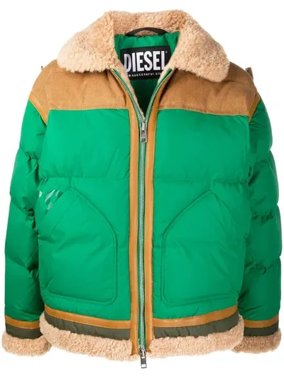 Diesel Men's Evan Faux Fur-collar Colorblocked Down Jacket In Green