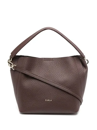 Furla Logo Plaque Grained Tote Bag In Brown