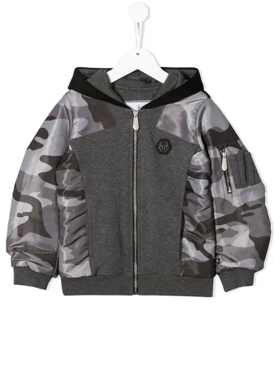 Philipp Plein Kids' Panelled Camouflage Print Jacket In Grey