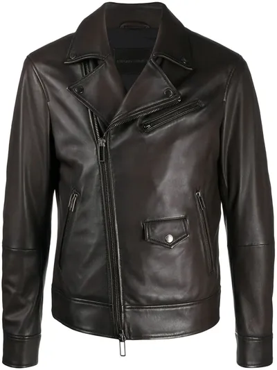 Emporio Armani Lambskin Biker Jacket In Brown