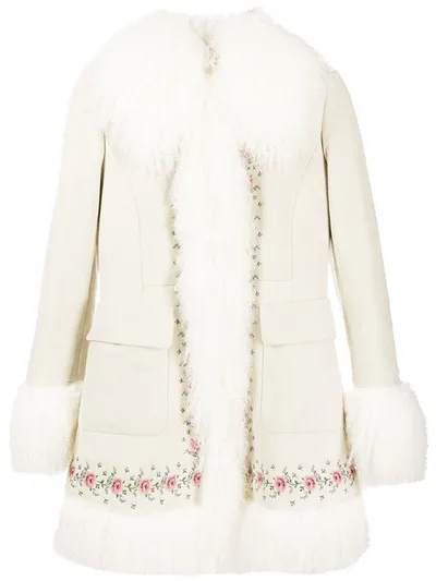 Miu Miu Floral Embroidered Shearling Coat In Neutrals