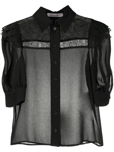 See By Chloé Floral Lace Panel Sheer Shirt In Black