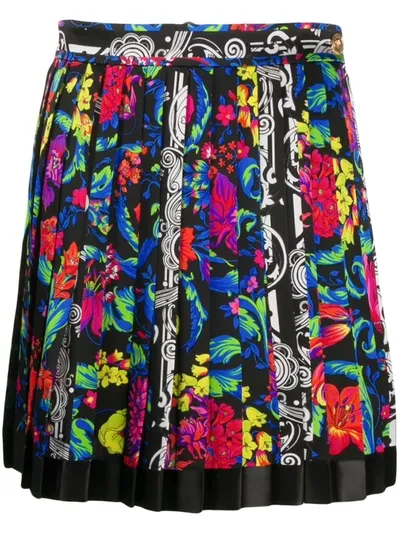 Versace Floral-print Pleated Skirt In Black