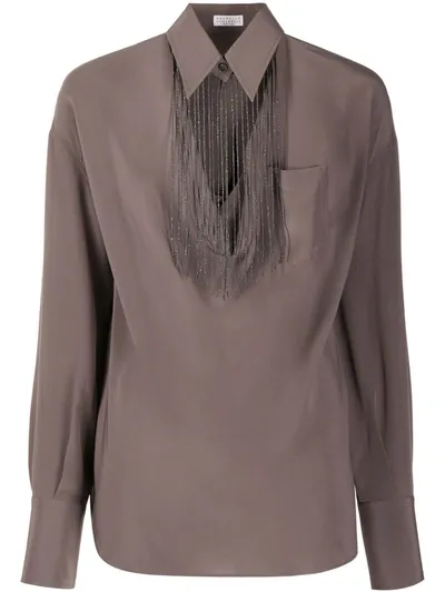 Brunello Cucinelli Fringed Collar Detail Blouse In Brown