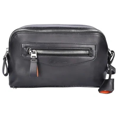 Santoni Women Toiletry Bag A2009 Calfskin Logo Black