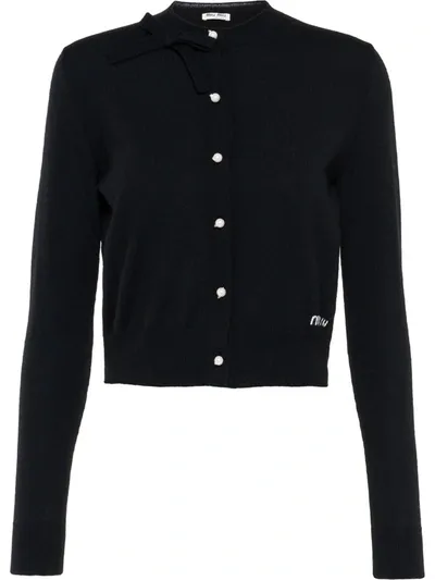 Miu Miu Bow-detail Wool Cardigan In Black