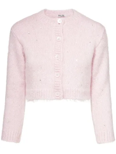 Miu Miu Embellished Cropped Cardigan In Pink