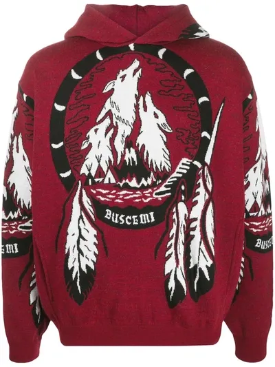 Buscemi Wolves Knit Jacquard Hoodie In Black + Red