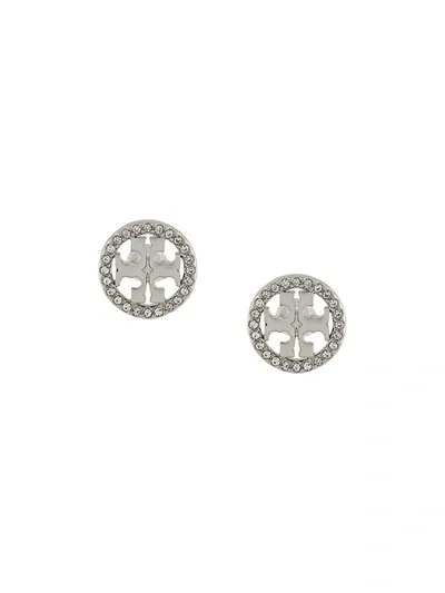 Tory Burch Crystal Embellished Logo Stud Earrings In Silver