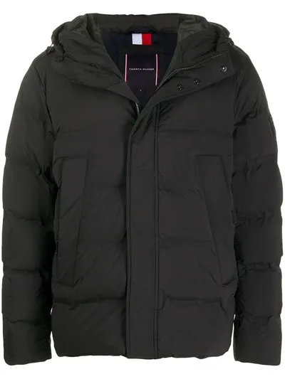 Tommy Hilfiger Padded Hooded Stretch Bomber Jacket In Black