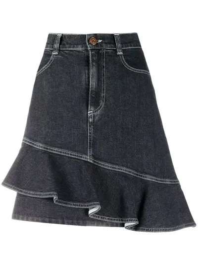 See By Chloé Asymmetrical Flounce Denim Skirt In Black