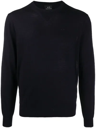 Armani Exchange Embroidered Logo Virgin Wool Jumper In Blue