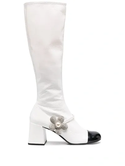 Miu Miu Flower Crystal-embellished Boots In White