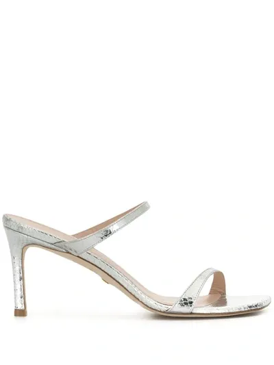 Stuart Weitzman Aleena Snakeskin-embossed Metallic Leather Mules In Silver