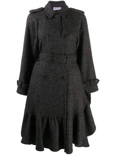 Red Valentino Ruffle Hem Trench Coat In Black