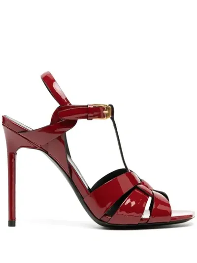 Saint Laurent Tribute 105mm Patent Stiletto Sandals In Red