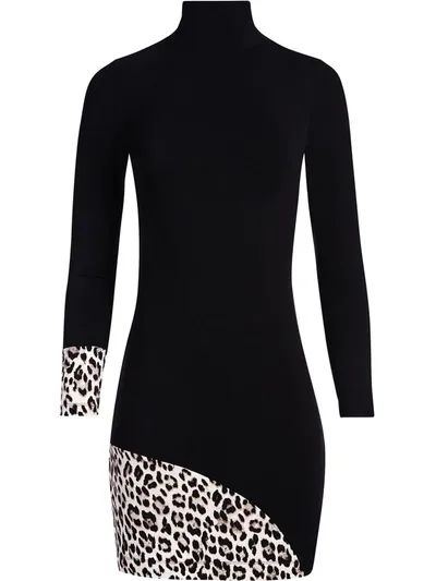 Alice And Olivia Delora Leopard Print-paneled Stretch-jersey Turtleneck Mini Dress In Black Combo