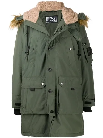 Diesel Hooded Parka Coat In Green