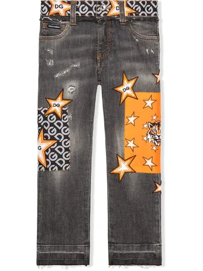 Dolce & Gabbana Kids' Logo-print Patchwork Jeans In Grey