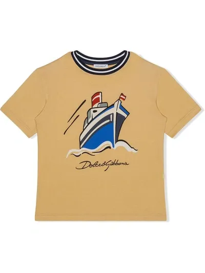 Dolce & Gabbana Kids' Jersey T-shirt With Ship Print In Neutrals